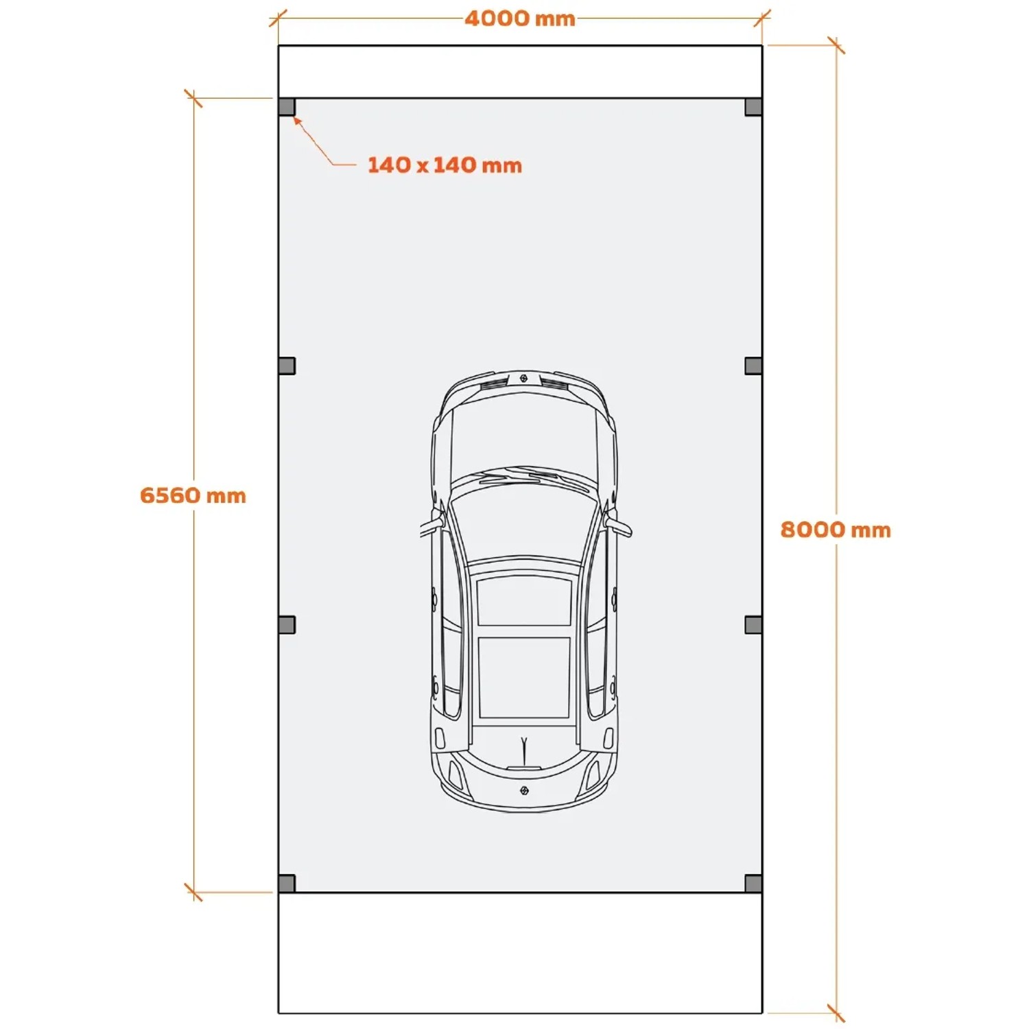 Skizze des Holzbrüder Camping-Carport Ralf, Maße 400x800cm, mit Wohnmobil. Ideal als Unterstellmöglichkeit.