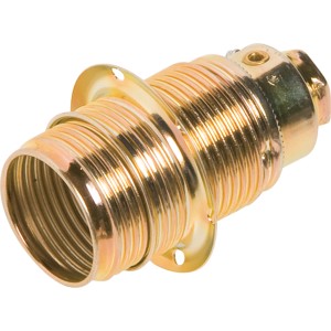 Messingfarbene E14 Lampenfassung mit Ring zur Lampenschirmfixierung.