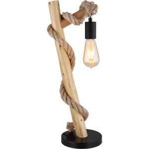 Schwarze Globo Tischlampe mit Holzfuß und Hanfseil, modernes Design für Wohnräume.