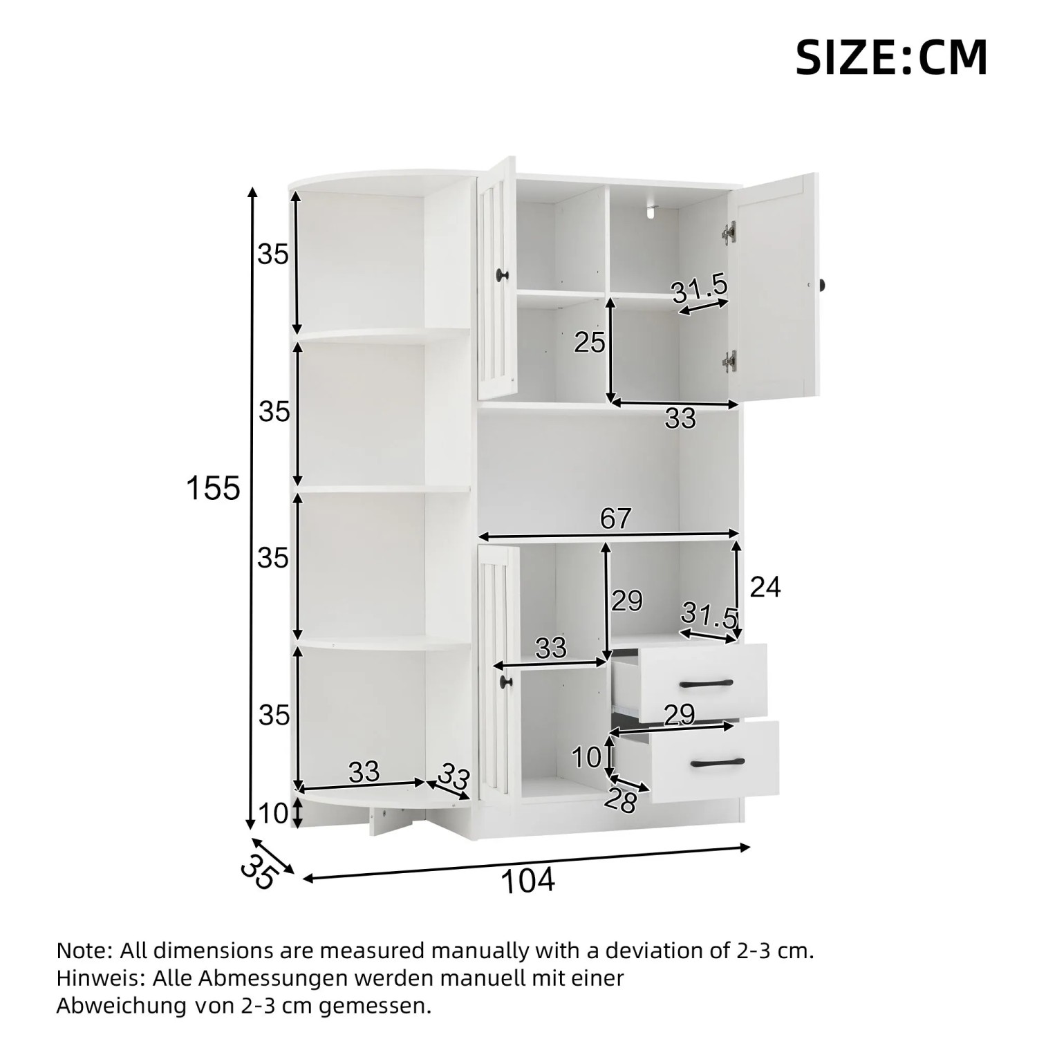 okwish Eckschrank mit Schränken Schubladen Ablagen Wohnzimmer 104x35x155cm Weiß_5