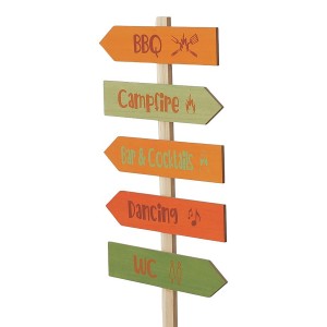 Mehrfarbiger Boltze Gartenstab Guidepost mit Wegweisern zu BBQ, Campfire, Bar, Dancing und WC.