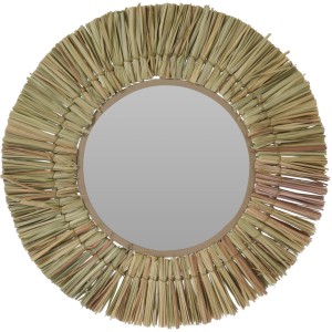 Runder Spiegel Raffia Ø 42 cm mit Natur-Rahmen als Wanddekoration.