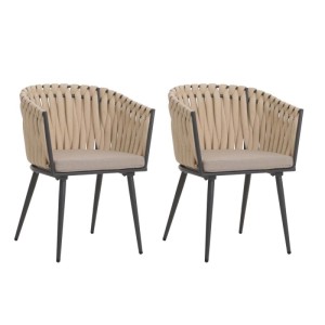2er-Set Gartenstühle MCW N38, creme Seilgeflecht, hellbraune Kissen und Aluminiumgestell.