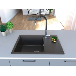 Miló Einbauspüle Adore, 68 cm, Graphit: Granitspüle mit Abtropffläche und Armatur in moderner Küche.