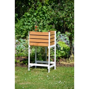 Dobar Hochbeet Obstkiste Bernstein FSC® im Garten mit Tomatenpflanzen.