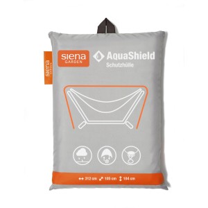 Siena Garden Schutzhülle AquaShield für Hängematte, grau, mit Aufdruck Hängematte und Wettersymbolen.