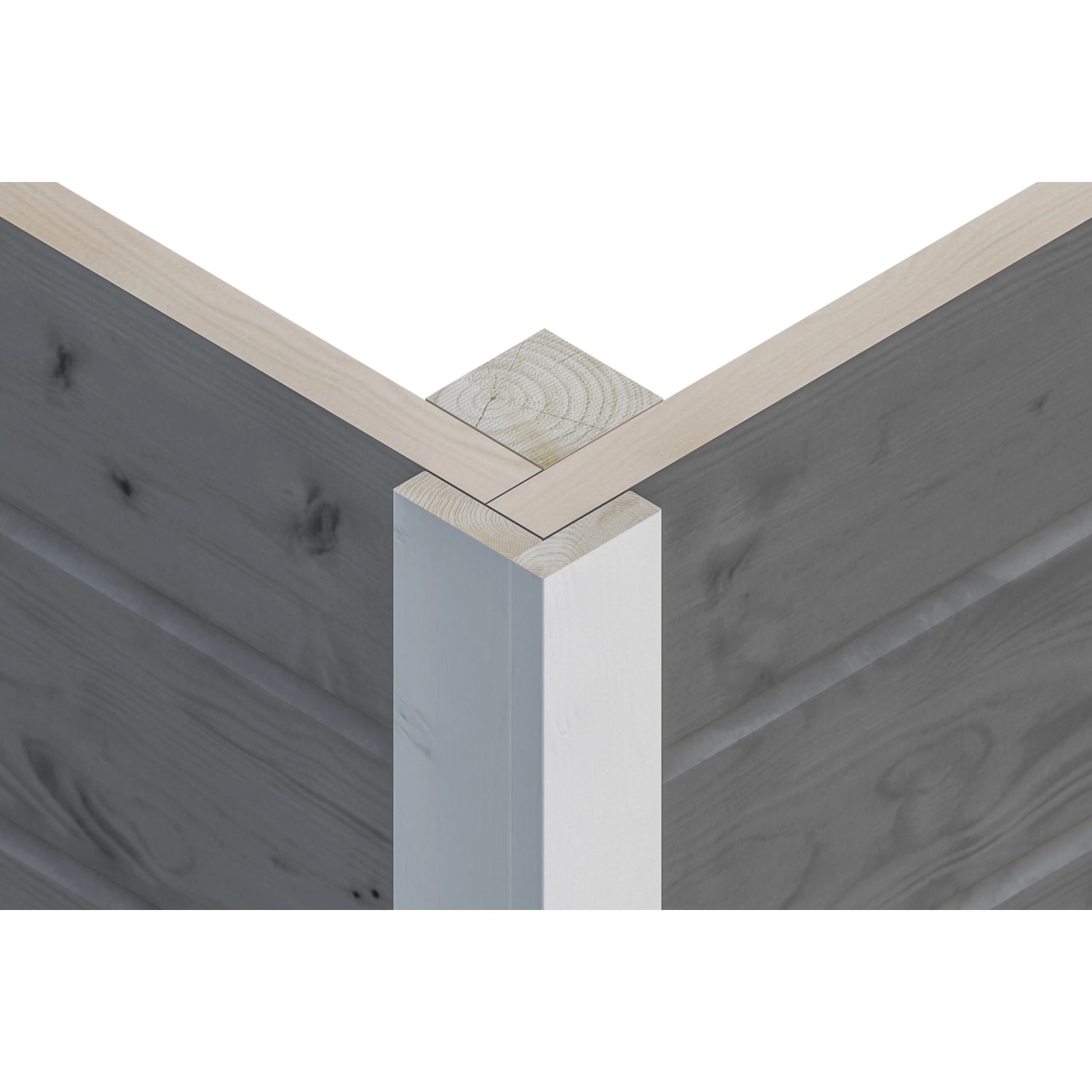 Detailaufnahme der Eckverbindung eines schiefergrauen Skan Holz Gartenhauses.