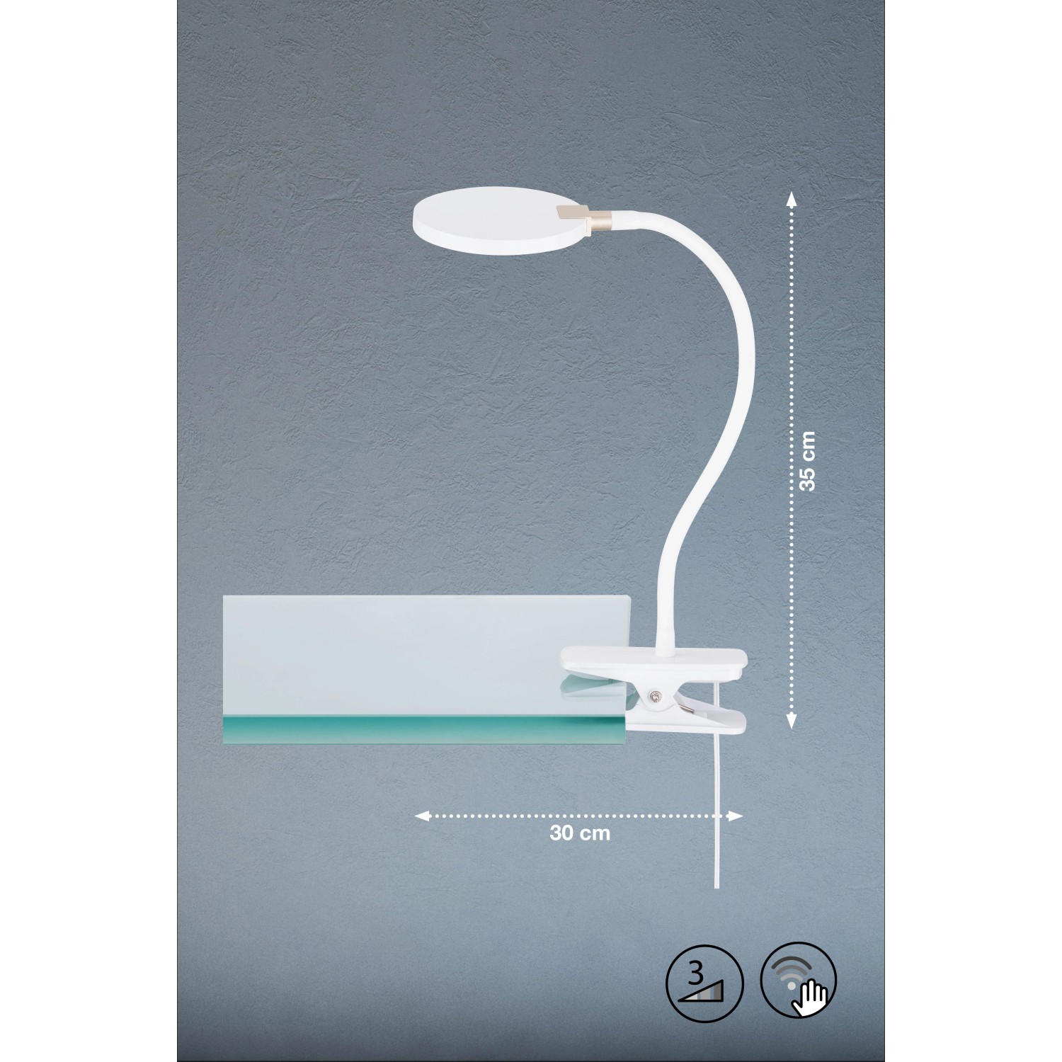 Weiße LED Klemmleuchte Luiz von Fischer & Honsel, 35 cm hoch, für flexible Beleuchtung.