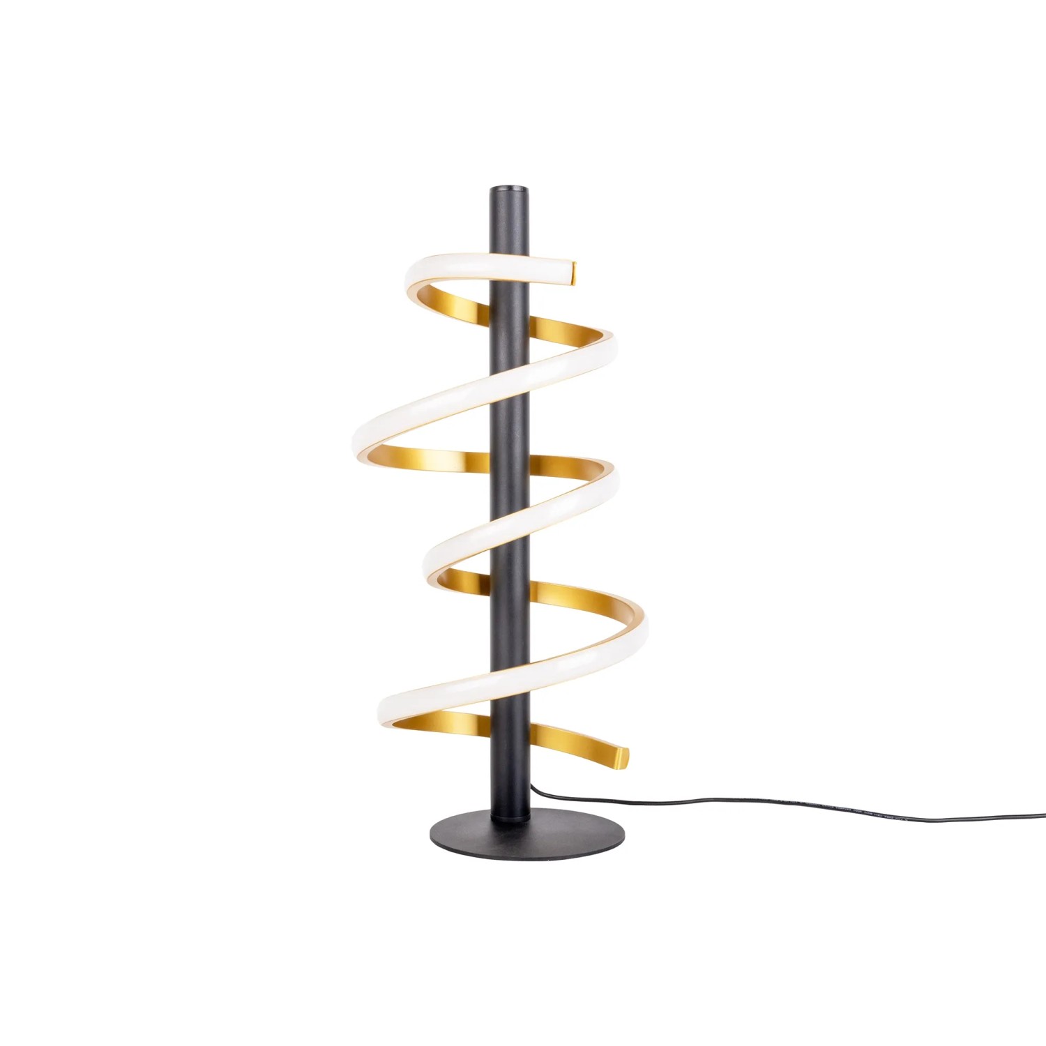Moderne LED-Tischleuchte Belleza in Gold und Schwarz, spiralförmiges Design, dimmbar.