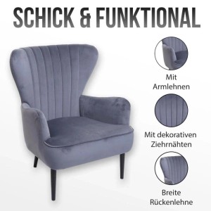 Creme-beiger Lounge Sessel aus Samt mit Armlehnen und Ziernähten.