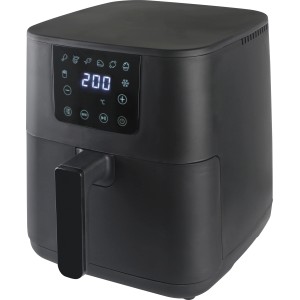 Schwarze Heißluftfritteuse mit digitalem Display und Griff. Küchengerät für fettarmes Kochen.