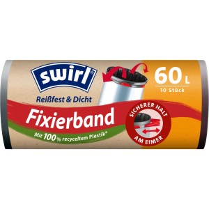 Swirl Fixierband-Müllbeutel 60l, 10 Stück. Reißfeste Müllsäcke mit elastischem Fixierband für sicheren Halt.