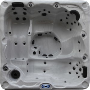 Nordlys Ganzjahres-Whirlpool Coral, 2 Liegen, 3 Sitze, Draufsicht. Fester Whirlpool mit Massagedüsen.