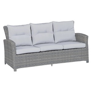 Lounge-Sofa aus Polyrattan, Teil des 6-teiligen Lounge-Sets Vermont in Wave Cliff mit grauen Polstern.