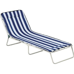 3-Bein-Sonnenliege Chiemsee in Blau-Weiß gestreift mit verstellbarem Kopfteil und Stahlrohrgestell.