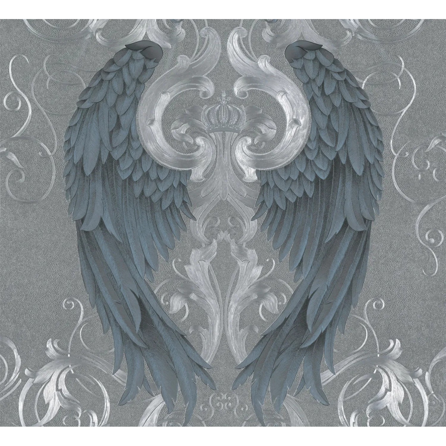 Glööckler Vliestapete Imperial Engelsflügel Silber-Blau mit Krone auf grauem Grund.
