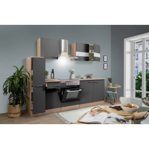 Respekta Küchenzeile KB240ESGC, 240 cm, Grau-Eiche, mit Elektrogeräten und viel Stauraum.