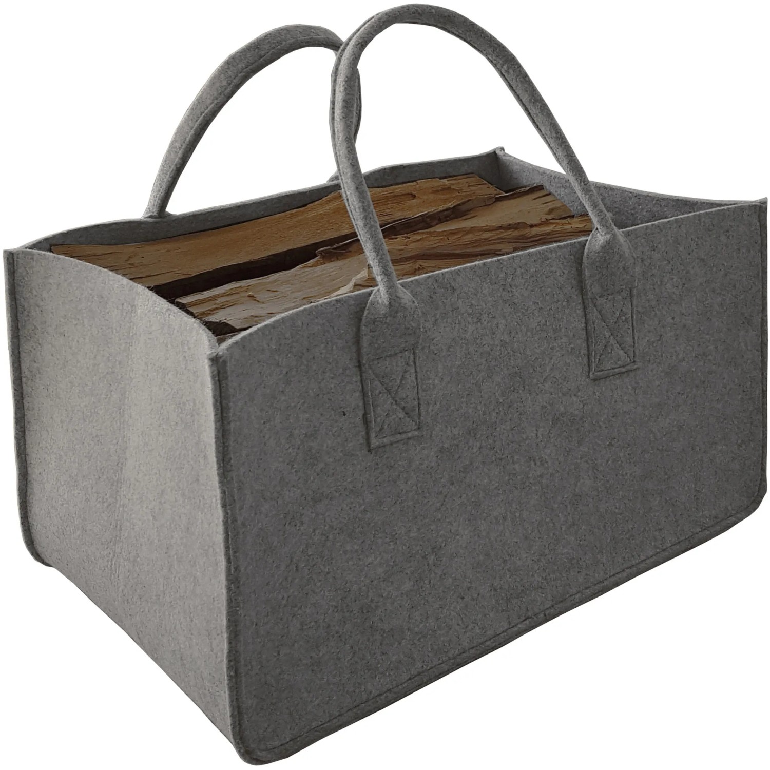 Faltbare, graue Filztasche zur Aufbewahrung von Kaminholz oder Zeitschriften.