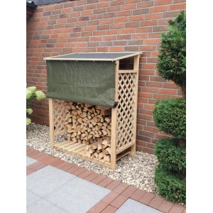 Promadino Kaminholzregal Speyer mit Wetterschutz und Holzfüllung vor einer Ziegelwand.