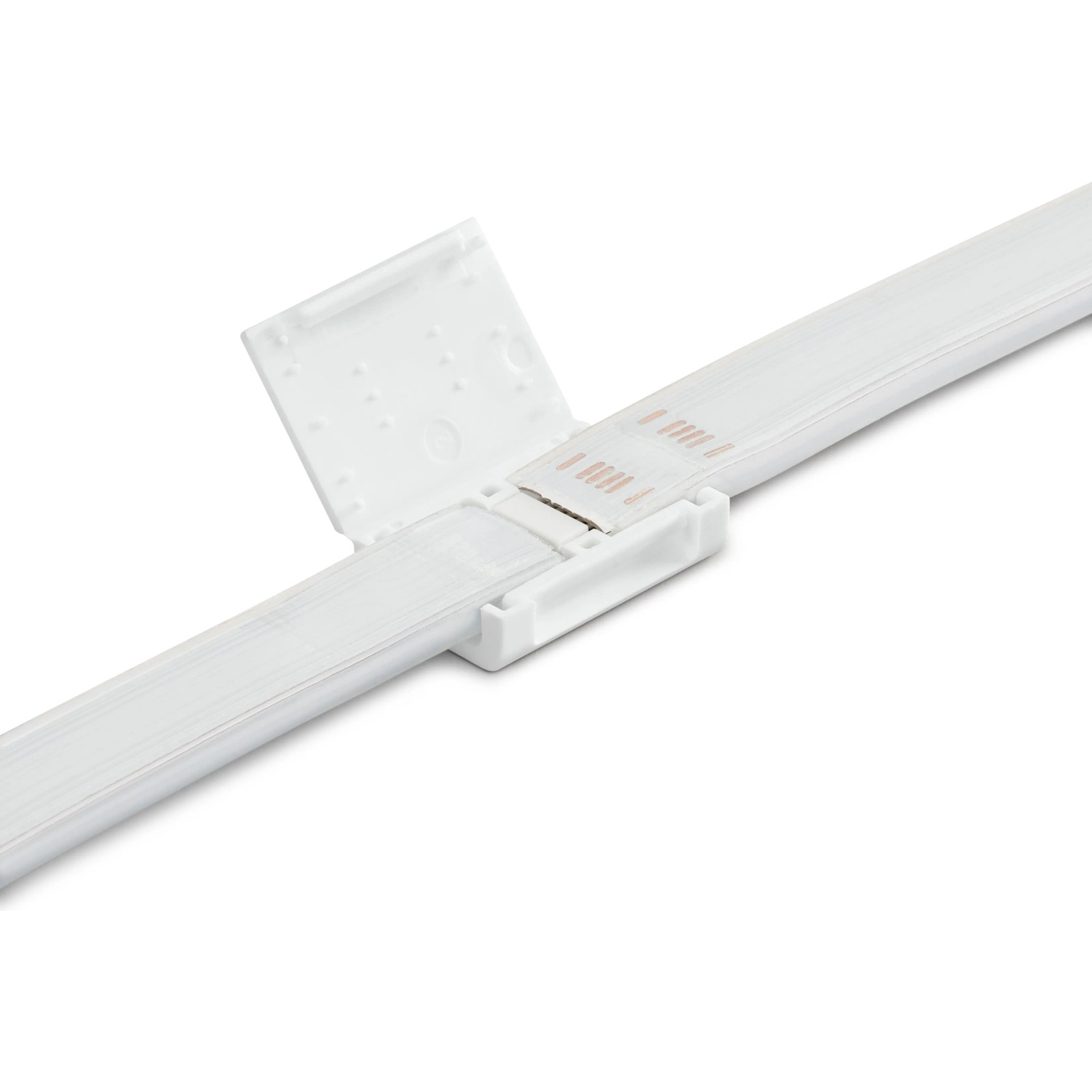 Detailaufnahme des weißen Philips Hue Lightstrip Plus mit Verbindungselement.