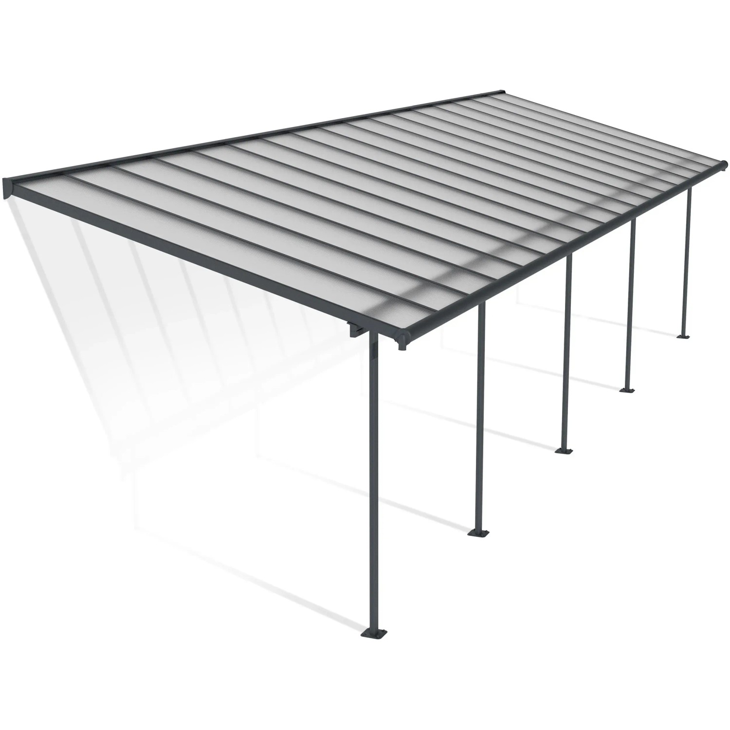 Graue Palram Canopia Terrassenüberdachung Sierra, 1035x295 cm, mit Aluminiumrahmen und Polycarbonatplatten.