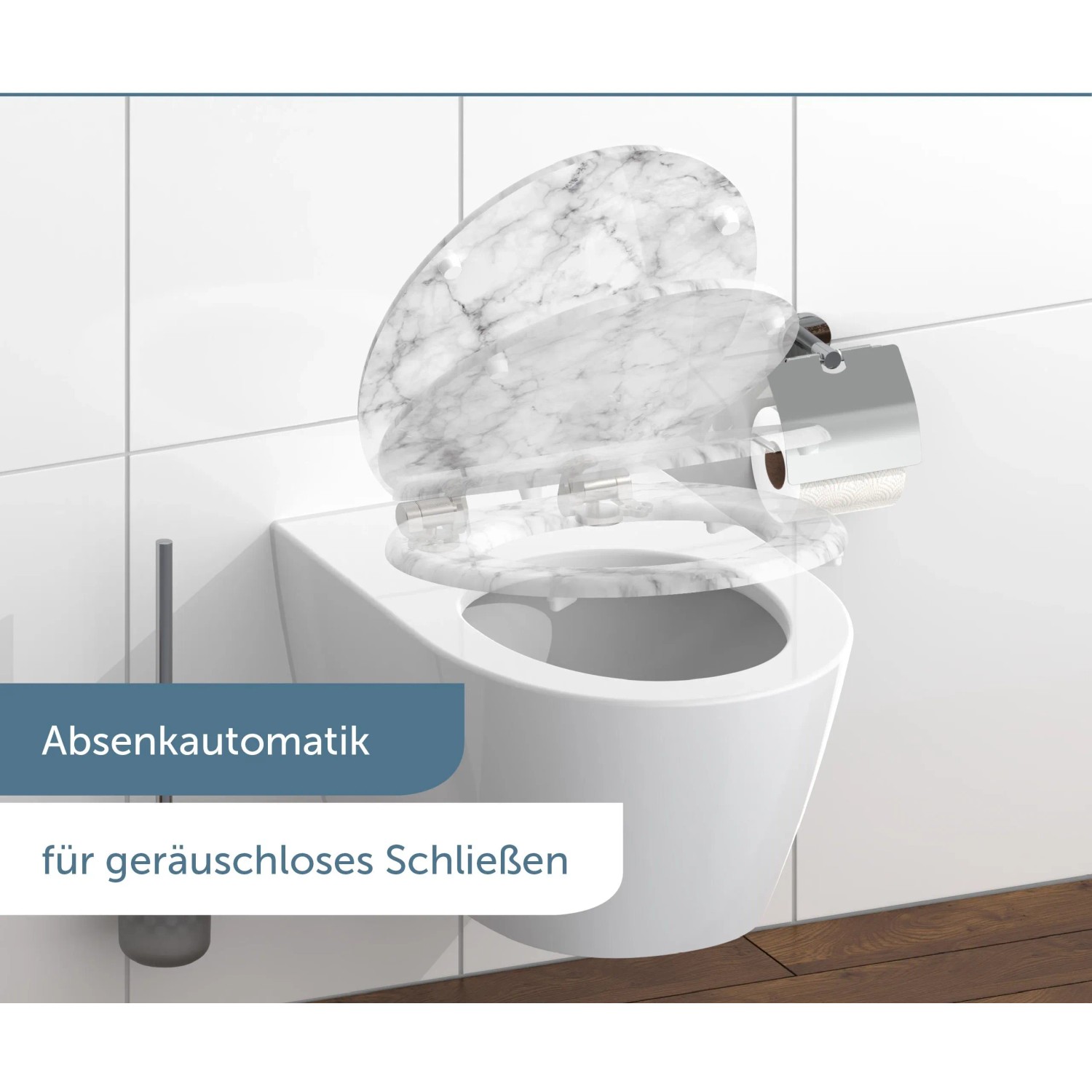 WC-Sitz Schütte MDF Marmor Stone mit Absenkautomatik auf weißer Toilette.
