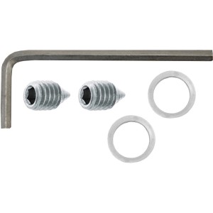 Alpertec Montageset für Türbeschläge: Innensechskantschlüssel, Madenschrauben und Nylonbuchsen.