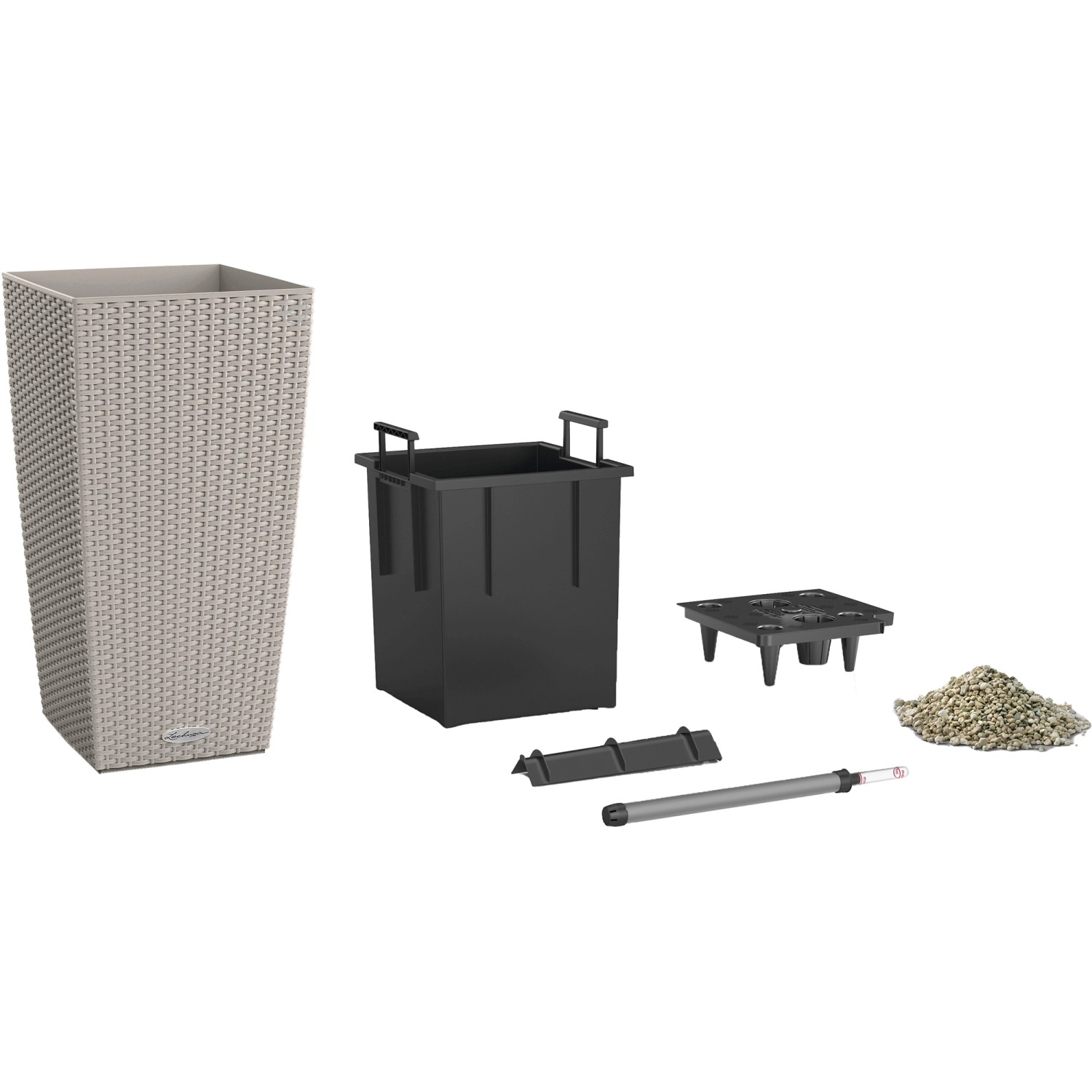 Lechuza Cubico Cottage 40 Pflanzgefäß in Sandbraun, mit Zubehör für die Bewässerung.