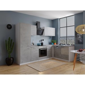 Respekta L-Küche Malia 280 cm in Betonoptik mit E-Geräten wie Kühl-/Gefrierkombination.