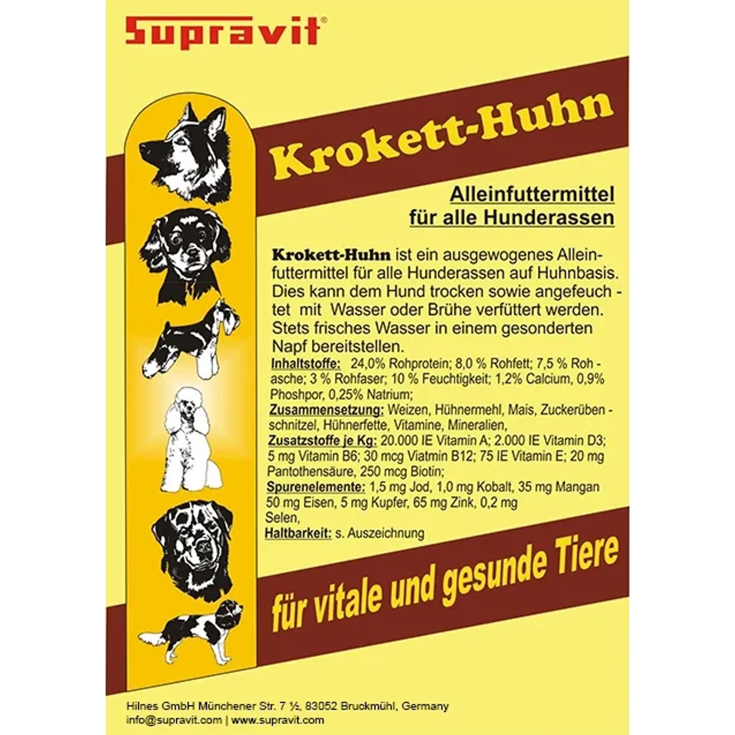 Supravit Krokett-Huhn Hundetrockenfutter-Etikett mit Hunderassen-Silhouetten. Alleinfuttermittel mit Huhn und Mais.