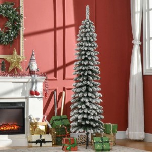 Schlanker HOMCOM Weihnachtsbaum 180 cm, grün mit weißer Flockung, aus Kunststoff und Metall, als festliche Weihnachtsdekoration.