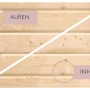 Detailaufnahme Karibu Fasssauna Quadro 1: Holzstruktur innen und außen.