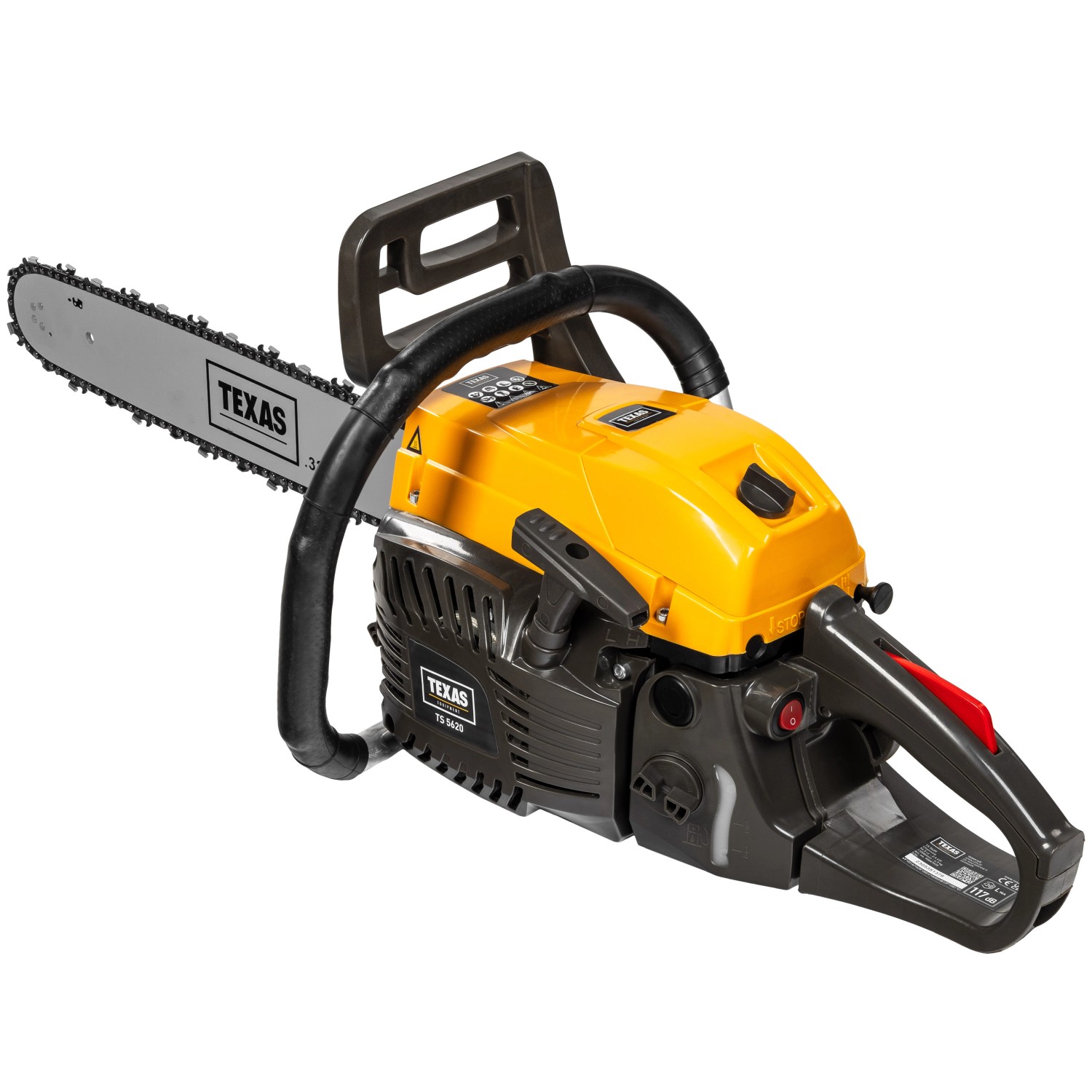 Texas Benzin-Kettensäge TS5620, 50cm Schwert, gelb-schwarz. Leistungsstarke Motorsäge für Garten- und Forstarbeiten.