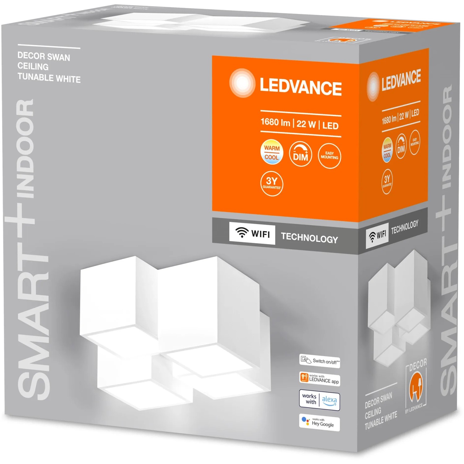 Verpackung der Ledvance Smart+ WiFi Deckenleuchte Decor Swan, weiße Design-Leuchte mit WiFi-Technologie.