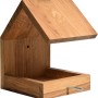 Braun gebeiztes Dobar Design-Vogelhaus aus Eichenholz mit Satteldach und Anflugstange.