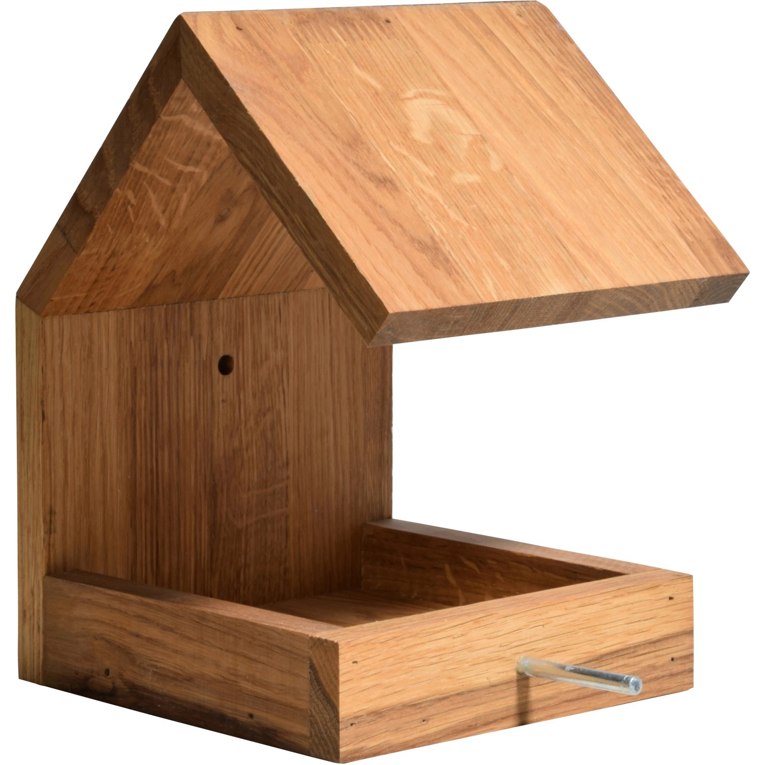 Braun gebeiztes Dobar Design-Vogelhaus aus Eichenholz mit Satteldach und Anflugstange.