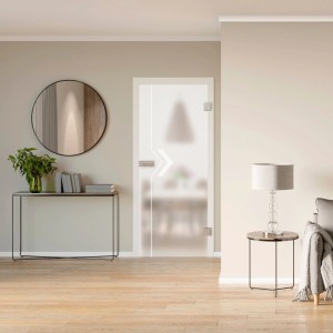 Moderne Novadoors Glasdrehtür Nova 599_2 aus mattem Sicherheitsglas mit Dekor im Wohnraum.