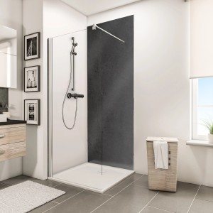 Schulte Duschrückwand DecoDesign in Stein Anthrazit, hochglänzend, 100x210 cm im Badezimmer.