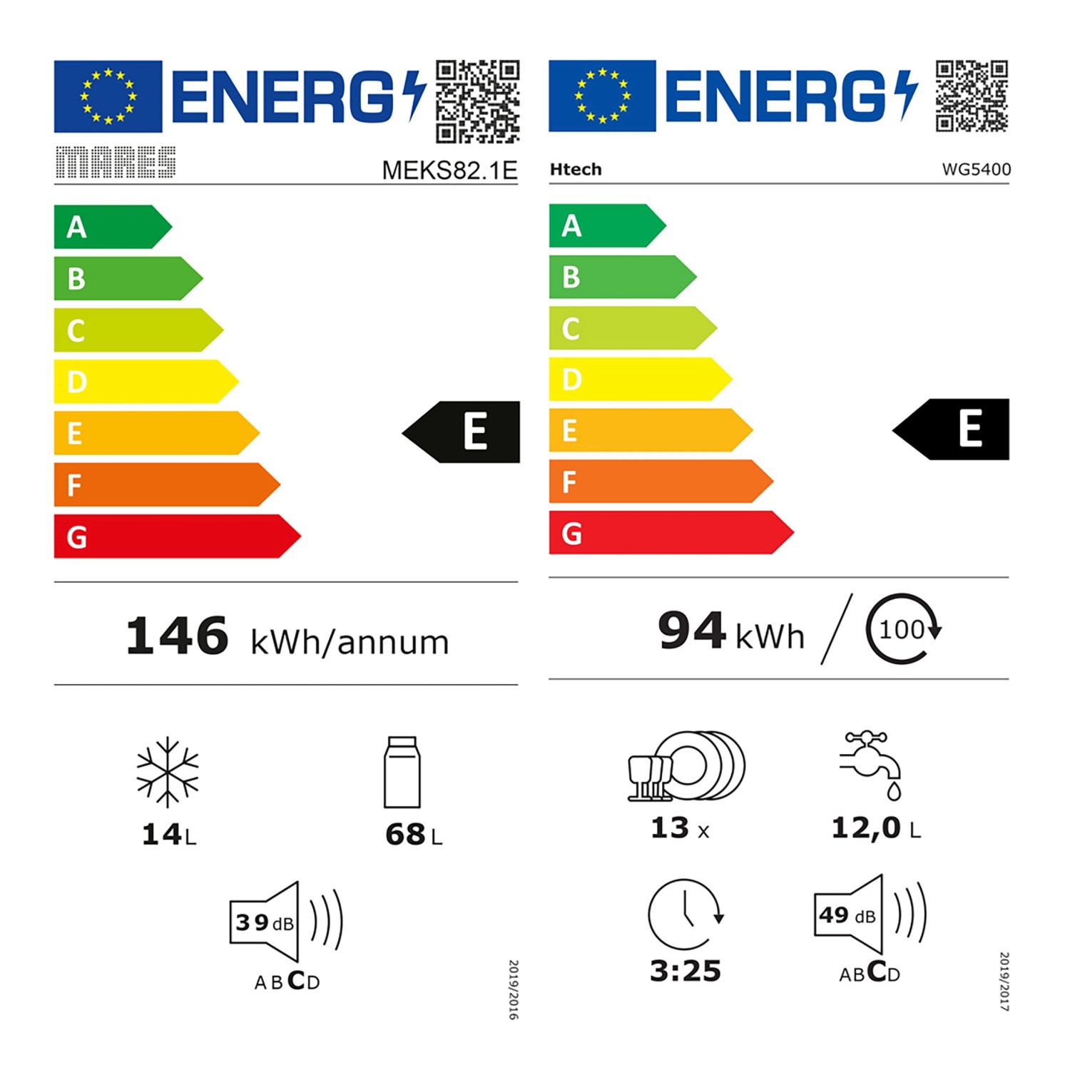 Energieetikett für Kühl- und Gefrierkombination sowie Geschirrspüler mit Angaben zu Verbrauch und Lautstärke.