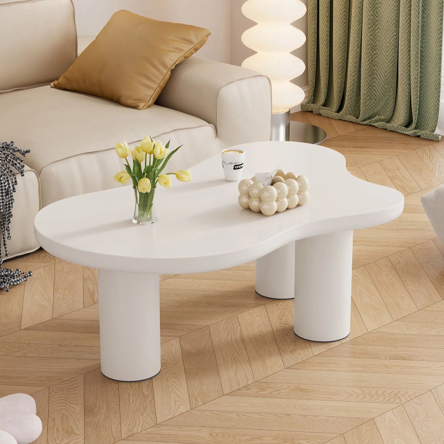okwish Couchtisch mit Wolkenform Design Wohnzimmer 107x66x40cm Weiß_6