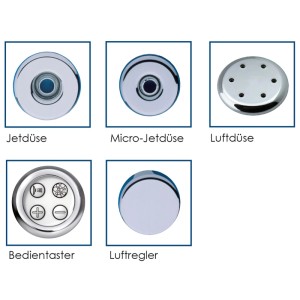 Chrom-Komponenten des Ottofond Whirlpools: Jet-, Micro- und Luftdüsen, Bedientaster, Luftregler für Badewanne.