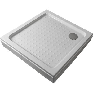 Quadratische, weiße Sanotechnik Duschwanne 90x90 cm mit Anti-Rutsch Oberfläche und Ablaufgarnitur.