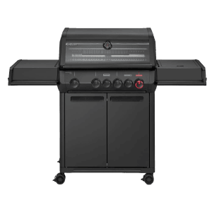 Enders Gasgrill Monroe Pro 4 SIKR Turbo Shadow, graphitfarbener Grill mit Seitenkocher und Sichtfenster.