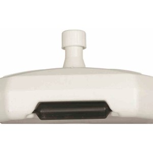 Weißer, befüllbarer Enne Plastica Schirmständer (50 l) mit Rolle für Sonnenschirme.