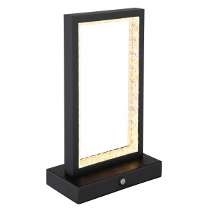 Schwarze LED-Tischleuchte Samega für den Außenbereich, mit Touchdimmer und rechteckigem Leuchtrahmen.