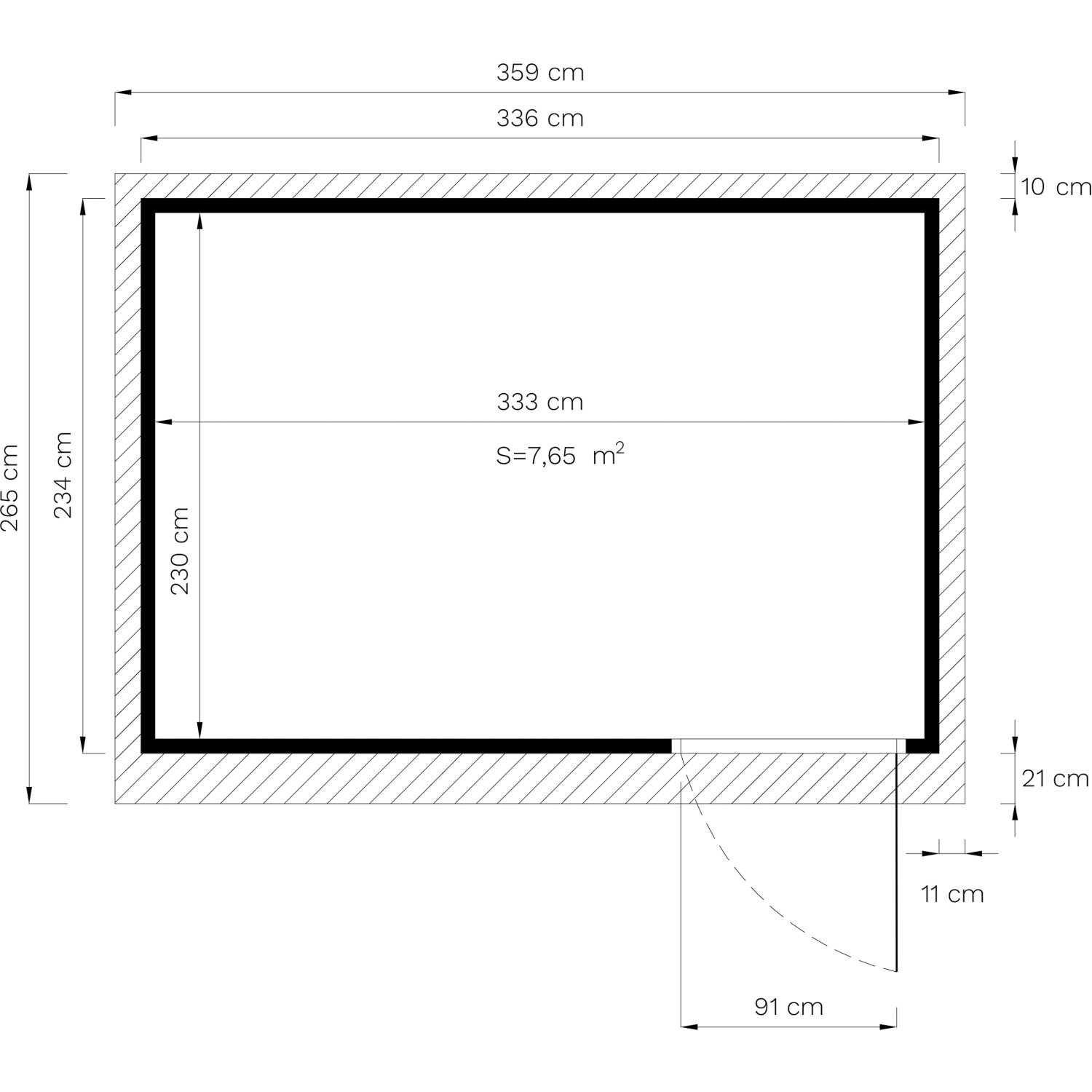 Grundriss Bertilo Gartenhaus Pentus 3 Office, 234x337 cm, Maße und Türöffnung dargestellt.