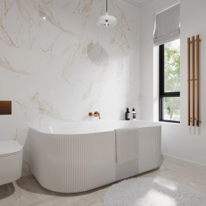 Badezimmer mit Wandfliese Calacatta Gold, glänzend, 30x60 cm. Elegantes Design.