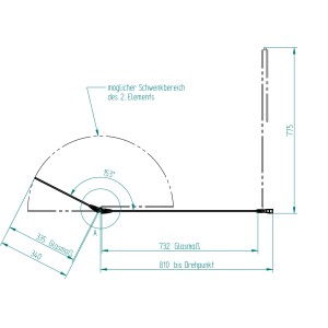 Technische Zeichnung: Echtglas Wannenaufsatz 2-teilig mit Maßangaben und Schwenkbereich.
