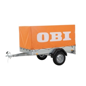 Stema Anhänger AN 750-13 mit OBI Hochplane (80 cm). Ungebremster Autoanhänger mit orangefarbener Plane.