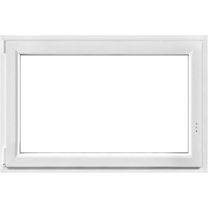 Weißes Kunststofffenster 90x60 cm mit 3-fach Verglasung, links angeschlagen.